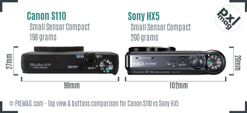 Canon S110 vs Sony HX5 top view buttons comparison