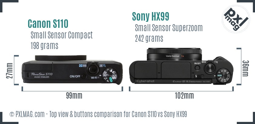 Canon S110 vs Sony HX99 top view buttons comparison