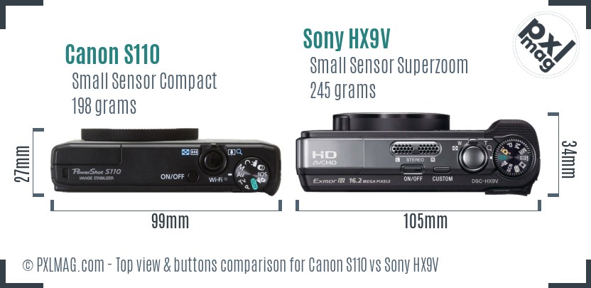 Canon S110 vs Sony HX9V top view buttons comparison