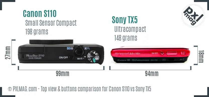 Canon S110 vs Sony TX5 top view buttons comparison