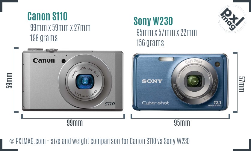 Canon S110 vs Sony W230 size comparison