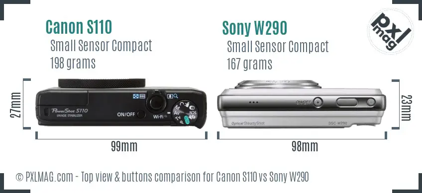 Canon S110 vs Sony W290 top view buttons comparison