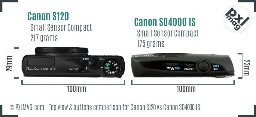 Canon S120 vs Canon SD4000 IS top view buttons comparison Canon S120 vs Canon SD4000 IS top view buttons comparison