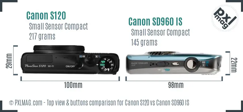 Canon S120 vs Canon SD960 IS top view buttons comparison