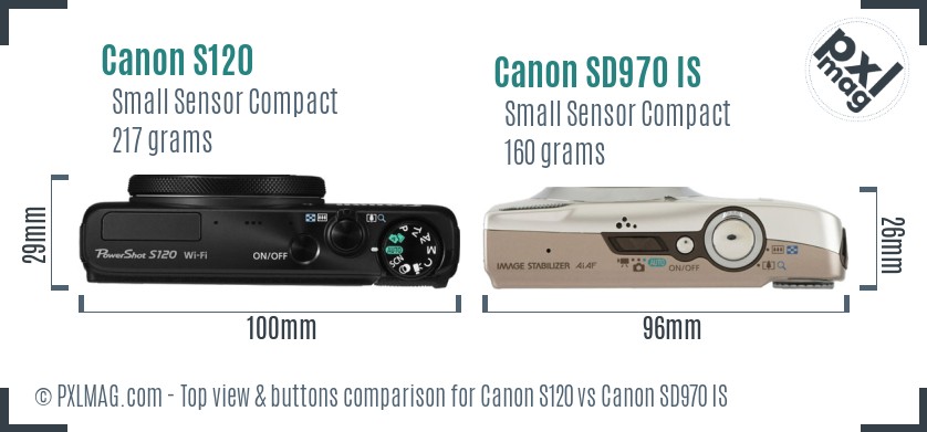 Canon S120 vs Canon SD970 IS top view buttons comparison