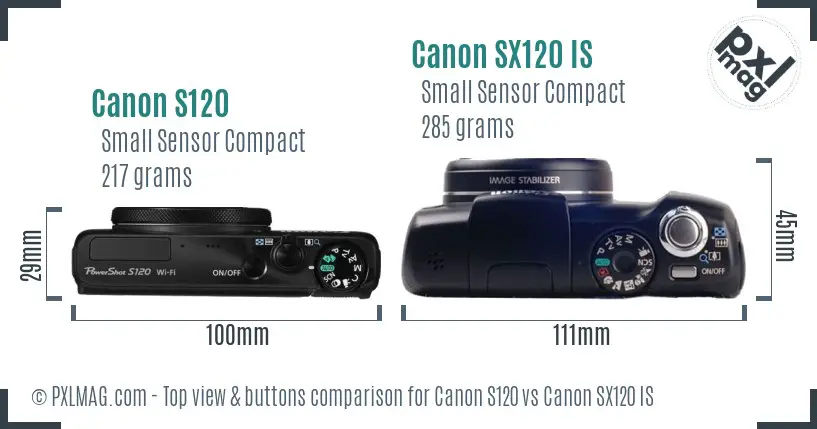 Canon S120 vs Canon SX120 IS top view buttons comparison