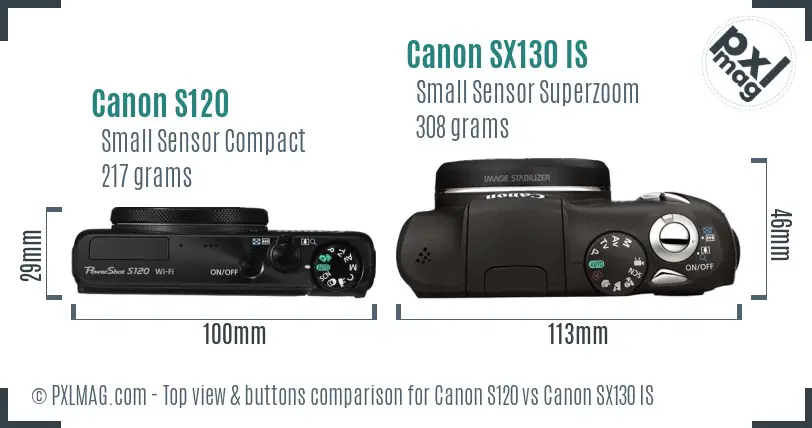 Canon S120 vs Canon SX130 IS top view buttons comparison