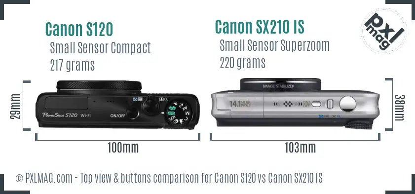 Canon S120 vs Canon SX210 IS top view buttons comparison