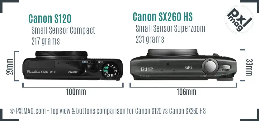 Canon S120 vs Canon SX260 HS top view buttons comparison