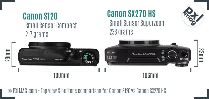 Canon S120 vs Canon SX270 HS top view buttons comparison