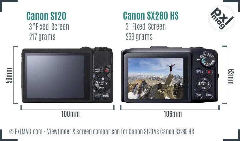 Canon S120 vs Canon SX280 HS Screen and Viewfinder comparison
