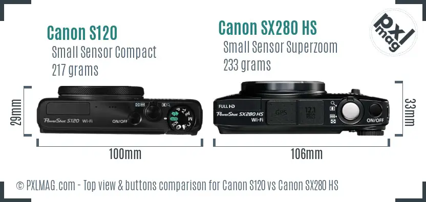 Canon S120 vs Canon SX280 HS top view buttons comparison