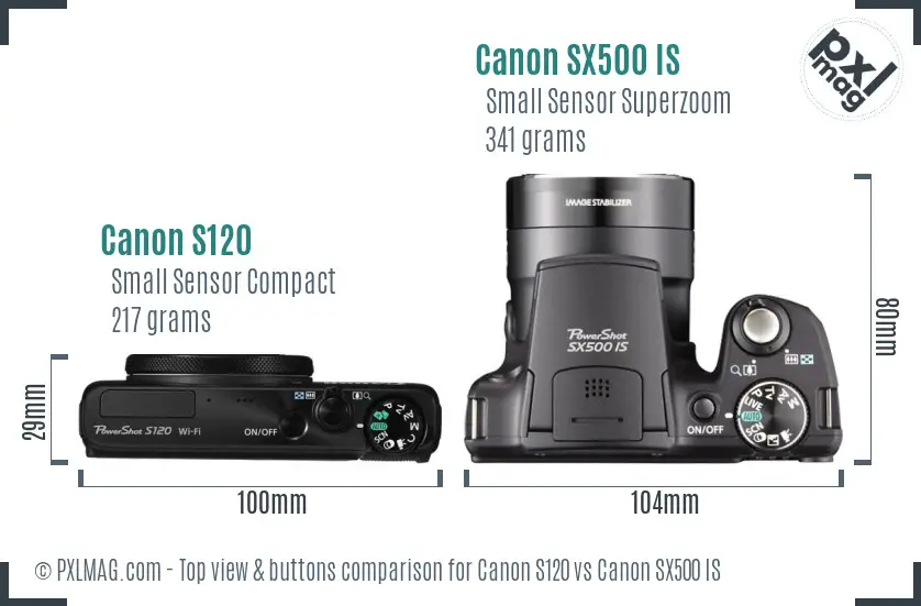 Canon S120 vs Canon SX500 IS top view buttons comparison