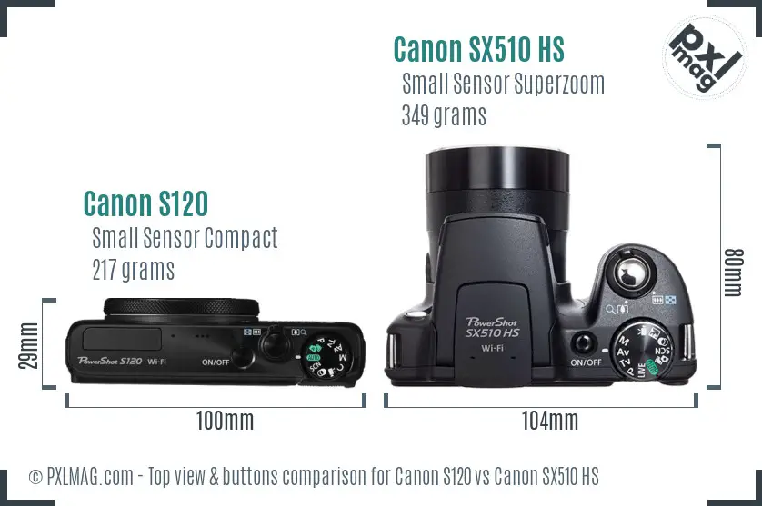 Canon S120 vs Canon SX510 HS top view buttons comparison