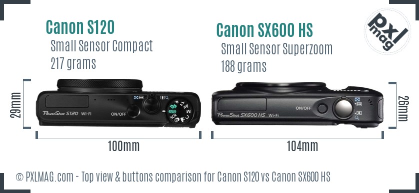 Canon S120 vs Canon SX600 HS top view buttons comparison