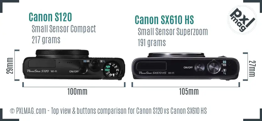 Canon S120 vs Canon SX610 HS top view buttons comparison Canon S120 vs Canon SX610 HS top view buttons comparison