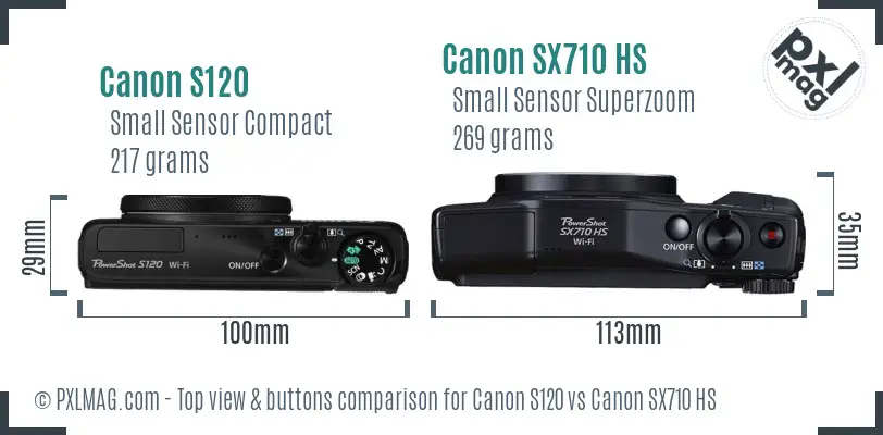 Canon S120 vs Canon SX710 HS top view buttons comparison