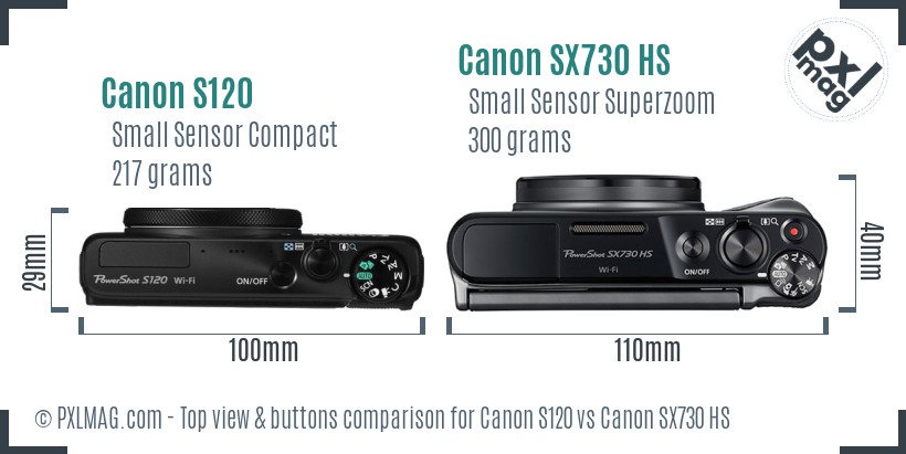 Canon S120 vs Canon SX730 HS top view buttons comparison