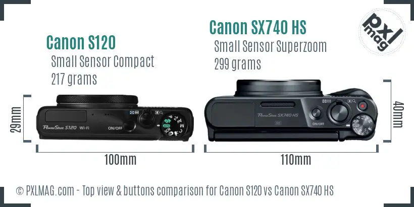 Canon S120 vs Canon SX740 HS top view buttons comparison