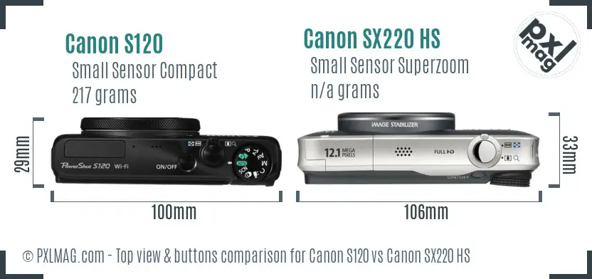Canon S120 vs Canon SX220 HS top view buttons comparison