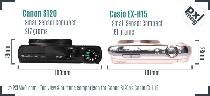 Canon S120 vs Casio EX-H15 top view buttons comparison