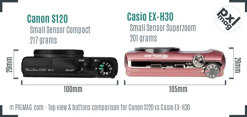 Canon S120 vs Casio EX-H30 top view buttons comparison Canon S120 vs Casio EX-H30 top view buttons comparison