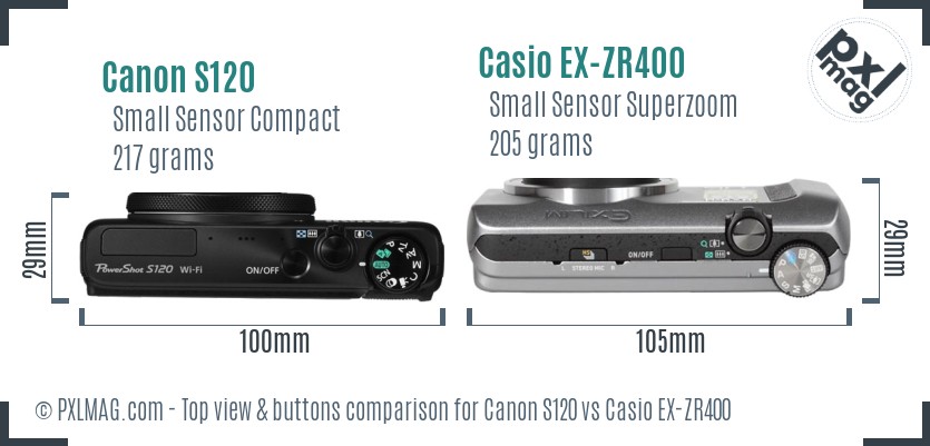 Canon S120 vs Casio EX-ZR400 top view buttons comparison