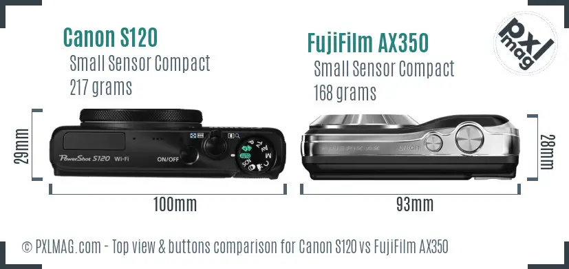 Canon S120 vs FujiFilm AX350 top view buttons comparison Canon S120 vs FujiFilm AX350 top view buttons comparison