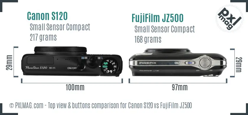 Canon S120 vs FujiFilm JZ500 top view buttons comparison Canon S120 vs FujiFilm JZ500 top view buttons comparison