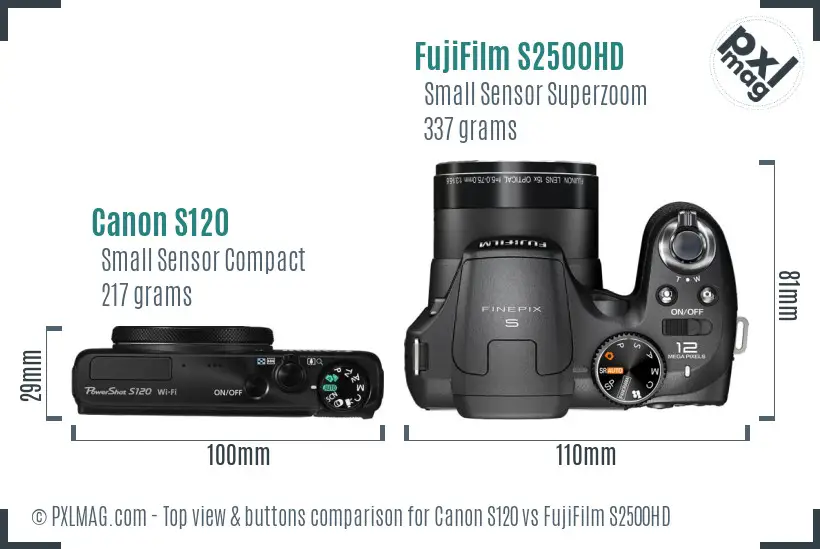 Canon S120 vs FujiFilm S2500HD top view buttons comparison