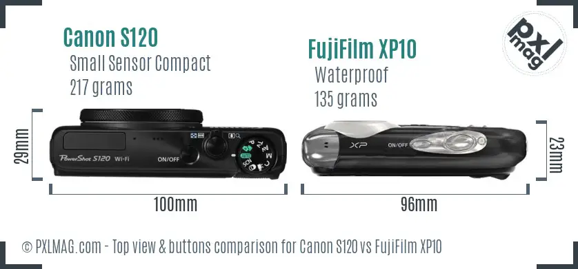 Canon S120 vs FujiFilm XP10 top view buttons comparison