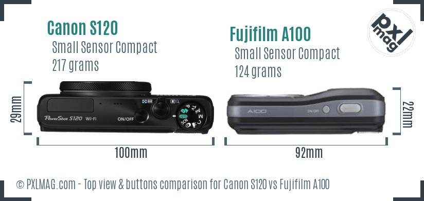 Canon S120 vs Fujifilm A100 top view buttons comparison