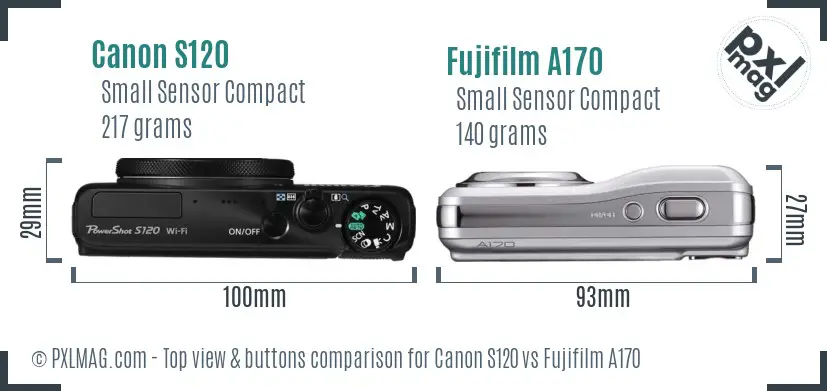 Canon S120 vs Fujifilm A170 top view buttons comparison Canon S120 vs Fujifilm A170 top view buttons comparison