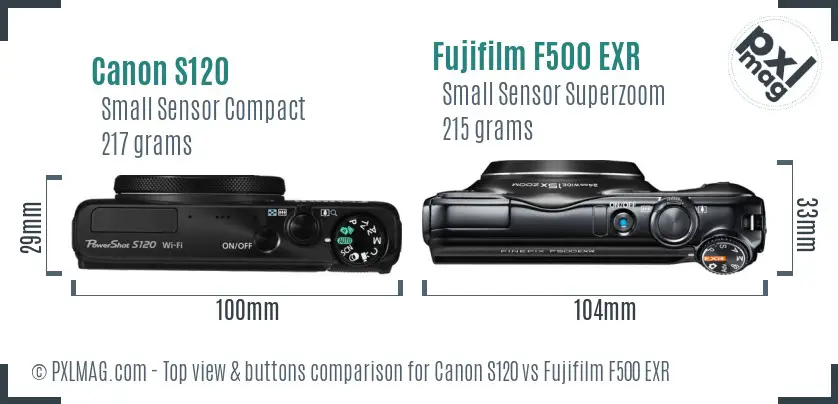 Canon S120 vs Fujifilm F500 EXR top view buttons comparison Canon S120 vs Fujifilm F500 EXR top view buttons comparison