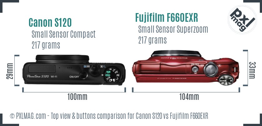 Canon S120 vs Fujifilm F660EXR top view buttons comparison