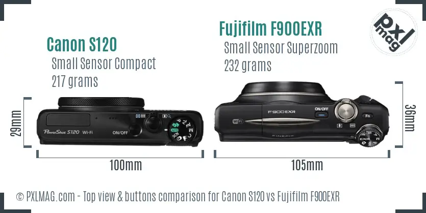 Canon S120 vs Fujifilm F900EXR top view buttons comparison