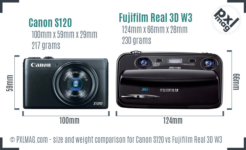 Canon S120 vs Fujifilm Real 3D W3 size comparison