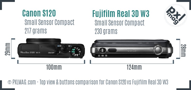 Canon S120 vs Fujifilm Real 3D W3 top view buttons comparison