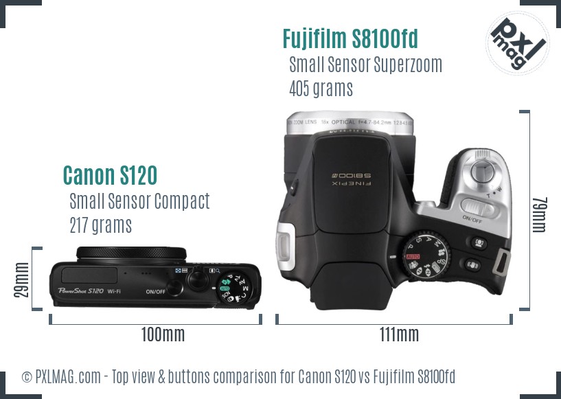 Canon S120 vs Fujifilm S8100fd top view buttons comparison
