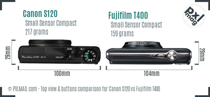 Canon S120 vs Fujifilm T400 top view buttons comparison Canon S120 vs Fujifilm T400 top view buttons comparison