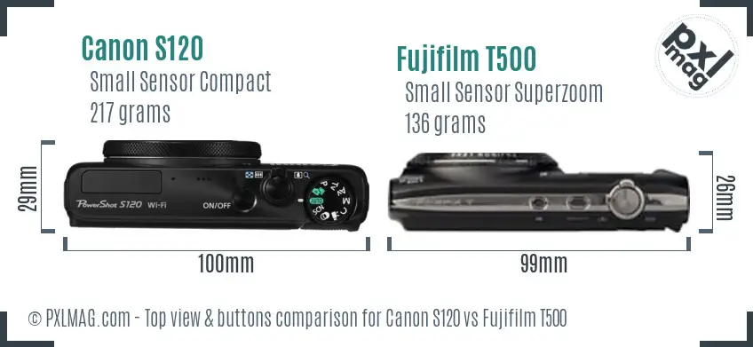 Canon S120 vs Fujifilm T500 top view buttons comparison Canon S120 vs Fujifilm T500 top view buttons comparison