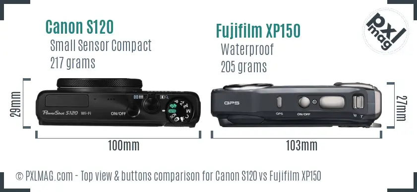 Canon S120 vs Fujifilm XP150 top view buttons comparison