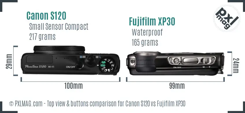Canon S120 vs Fujifilm XP30 top view buttons comparison Canon S120 vs Fujifilm XP30 top view buttons comparison