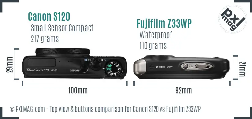 Canon S120 vs Fujifilm Z33WP top view buttons comparison