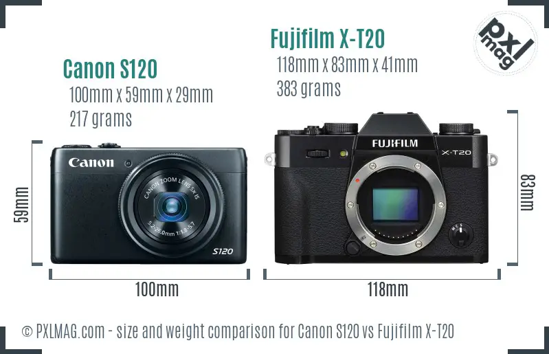 Canon S120 vs Fujifilm X-T20 size comparison