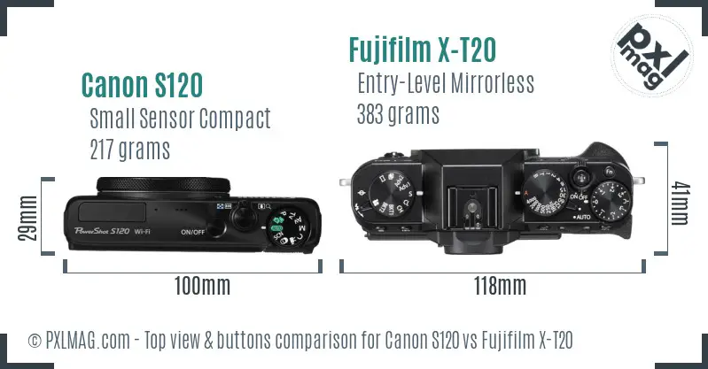 Canon S120 vs Fujifilm X-T20 top view buttons comparison