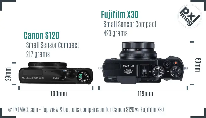 Canon S120 vs Fujifilm X30 top view buttons comparison