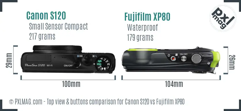 Canon S120 vs Fujifilm XP80 top view buttons comparison