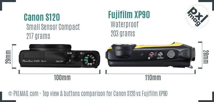 Canon S120 vs Fujifilm XP90 top view buttons comparison