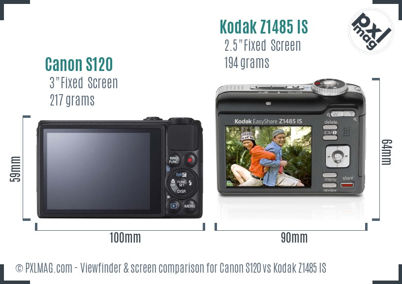 Canon S120 vs Kodak Z1485 IS Screen and Viewfinder comparison